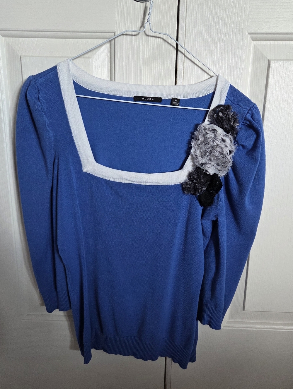 Mosca Blue Medium Square-Neck Sweater with White Trim & Floral Accent